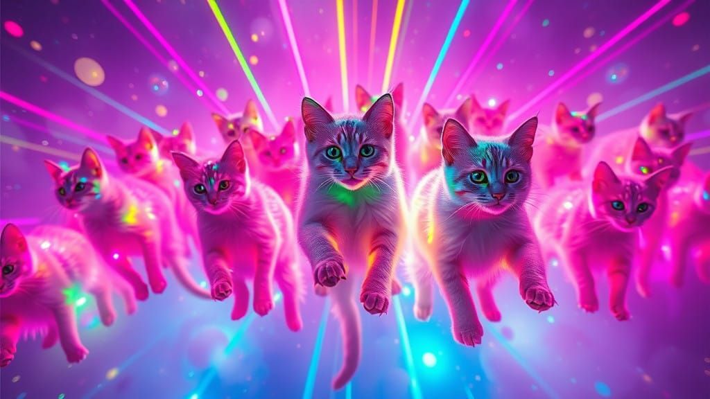 Rainbow-Hued Lasers Dance Amidst Swirling Cats in Hyperreali...