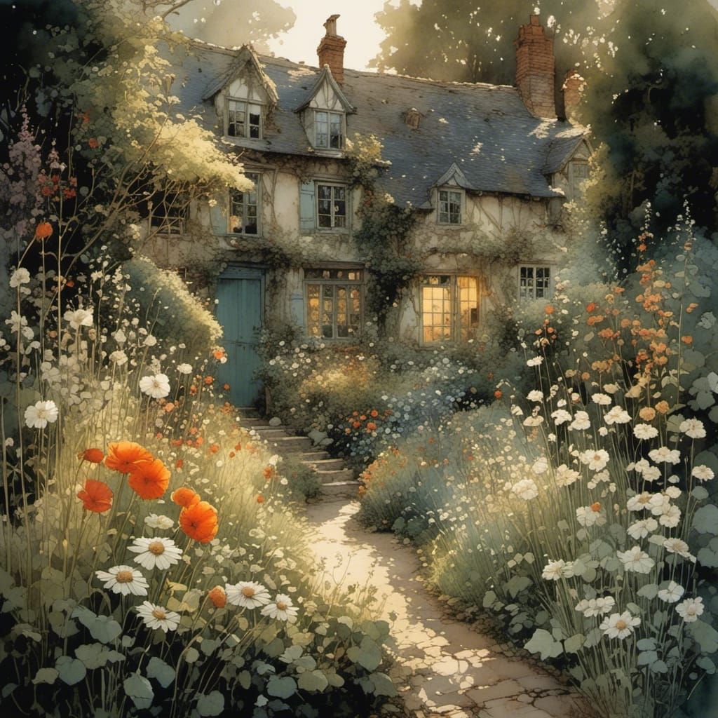 Sunlit Garden Between Dark Houses, Watercolor Style