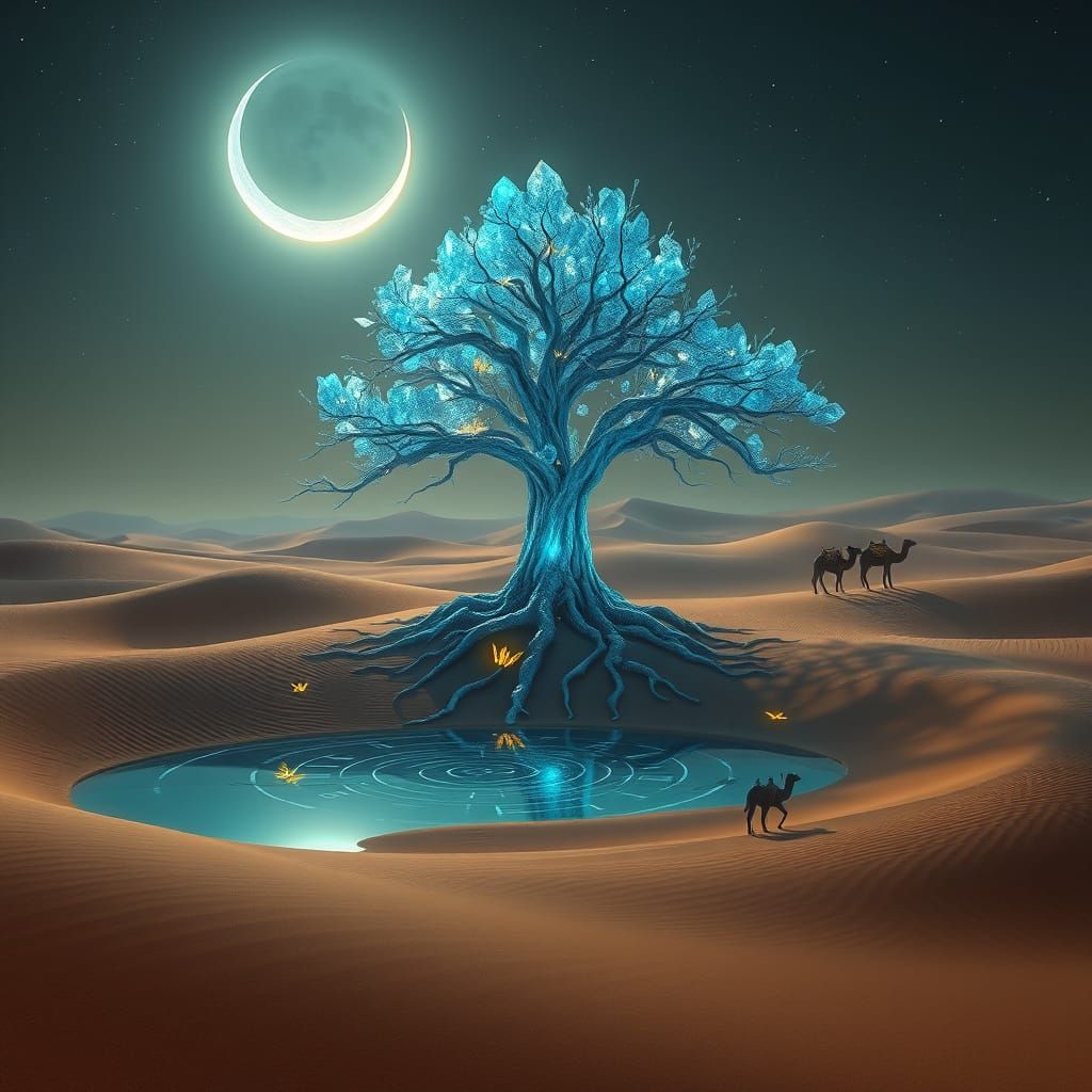 Ethereal Desert Dreamscape with Crystal Tree and Glowing Moo...