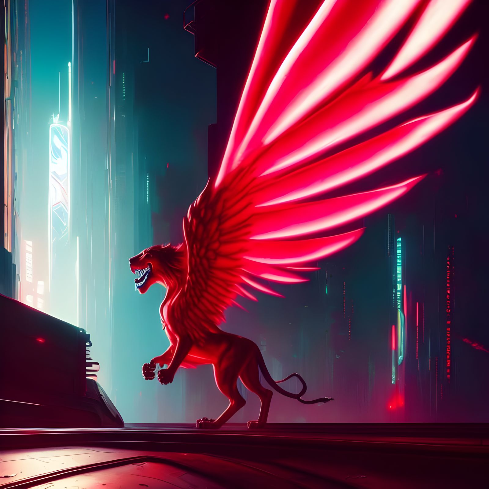 Cyberpunk Winged Lion Sculpture Roaring