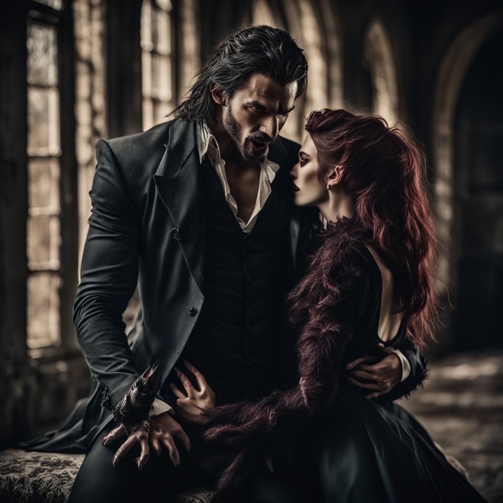 Vampire and Werewolf Intimate Portrait in Gothic Romance Sty...