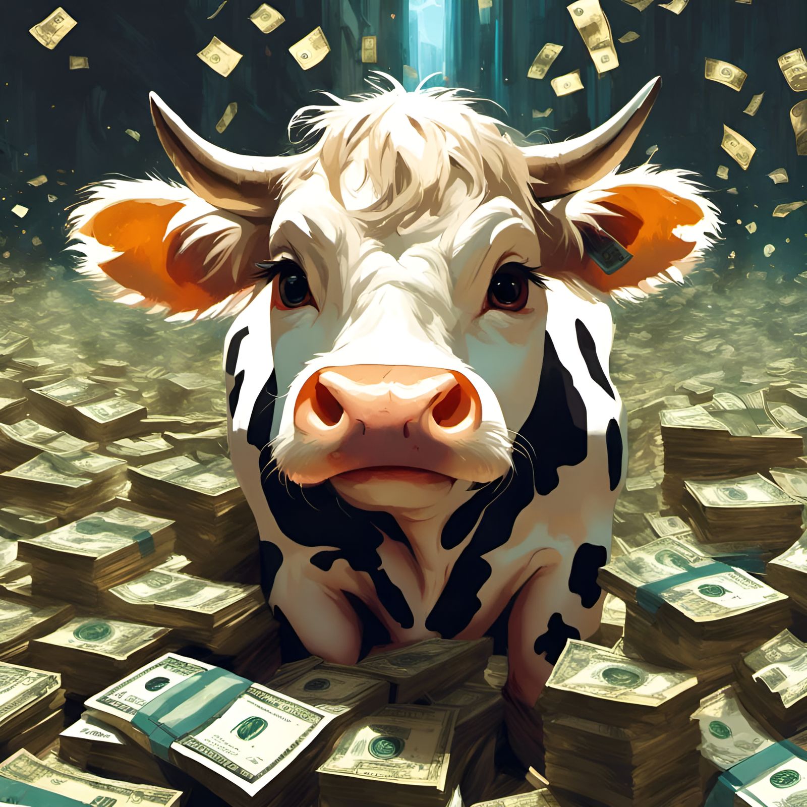 Chibi Cow Surrounded by Money, 3D Render