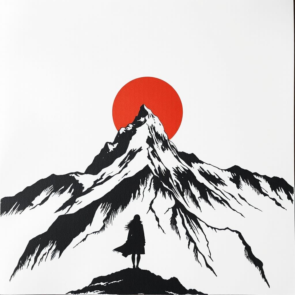 Monochrome Sketch of Pyramid Mountain with Red Sunset