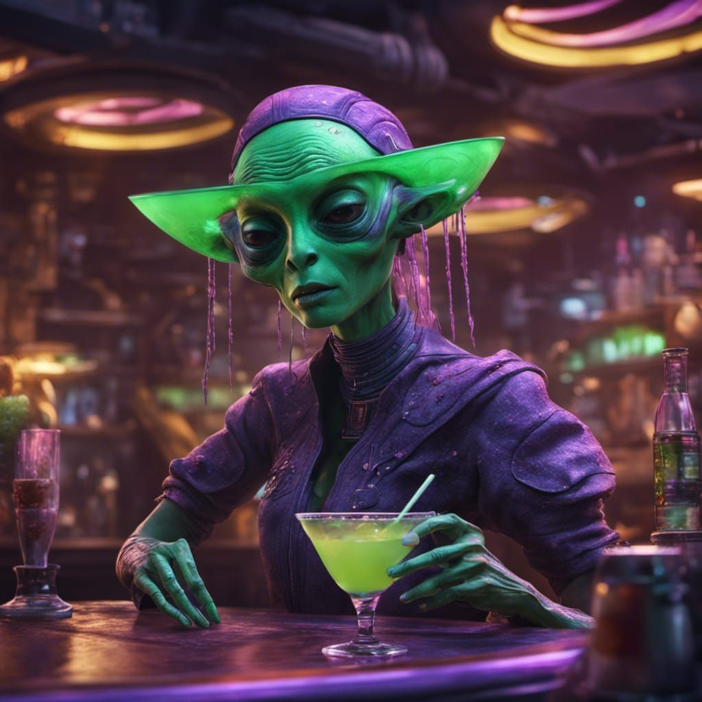 Green Alien Woman Enjoying a Margarita, Detailed Digital Art