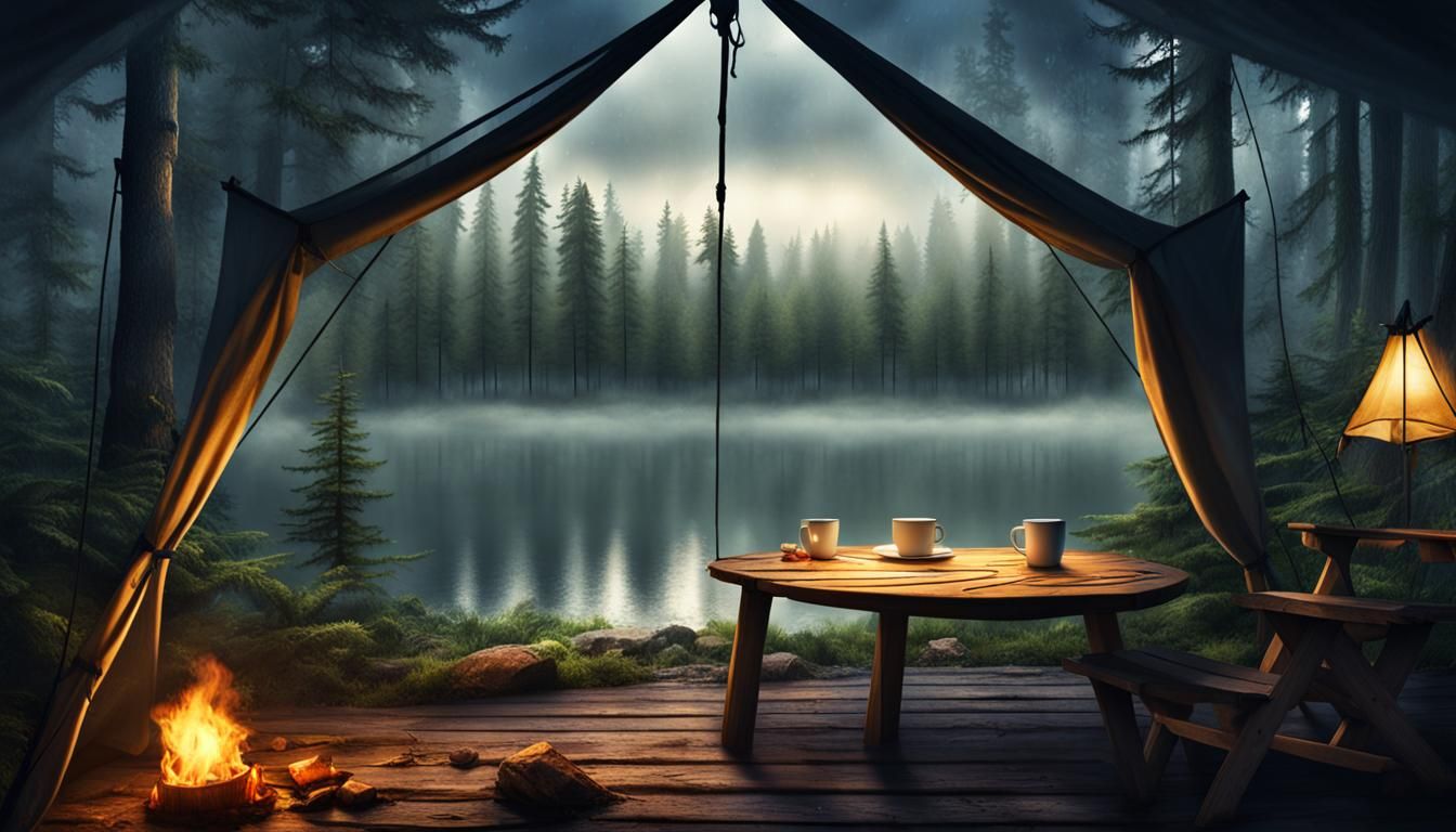Rainy Forest and Lake View from Tent