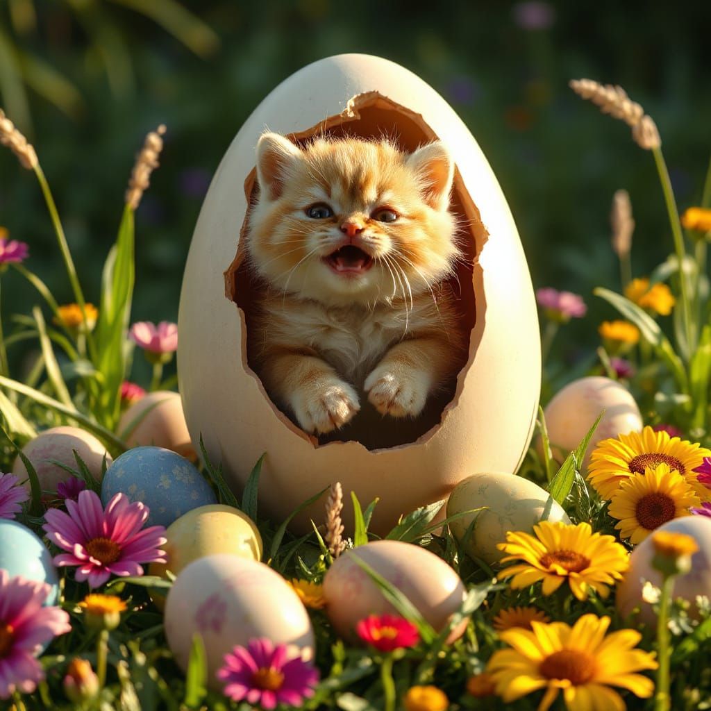 Chubby Kitten Emerges from Giant Chocolate Egg in Vibrant Fl...