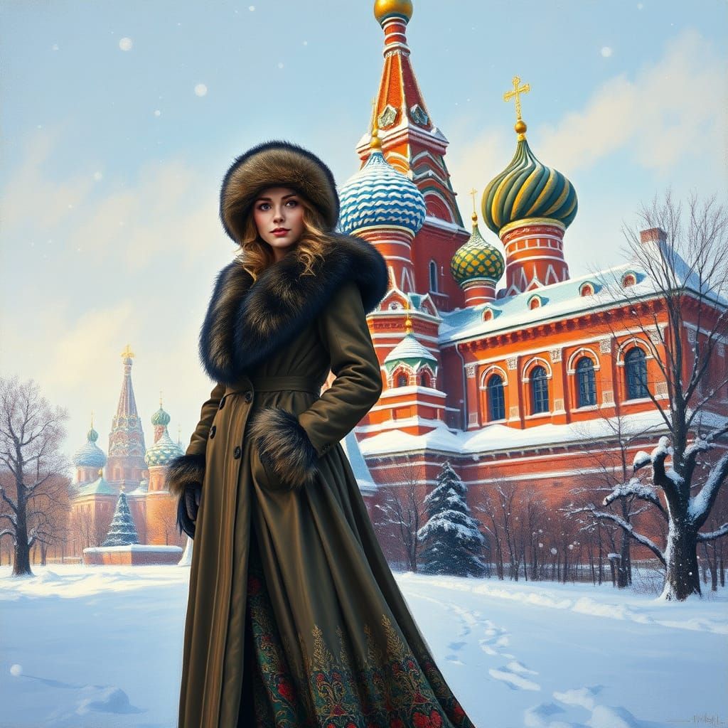 Majestic Russian Woman in Front of Saint Basil's Cathedral