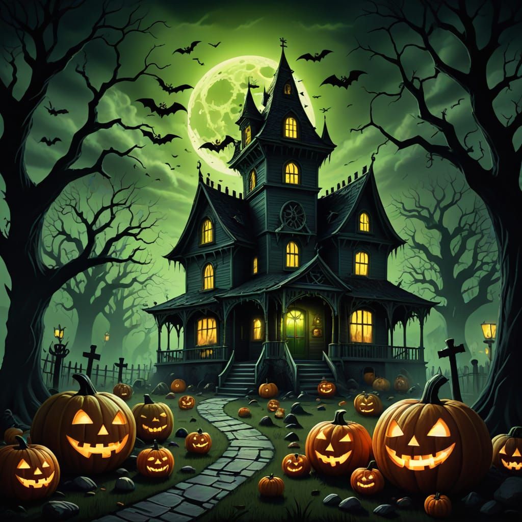 Twisted Trick-or-Treat Halloween night. Spooky haunted house...