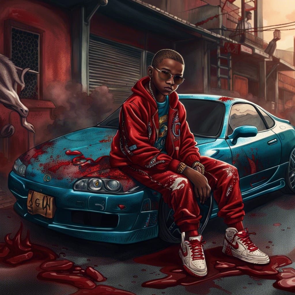 Boy in Gangster Dress Sits on Supra, Digital Art