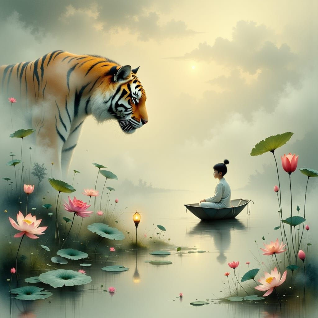 Serene Boy Meditates in a Paper Boat Amidst a Whimsical Drea...