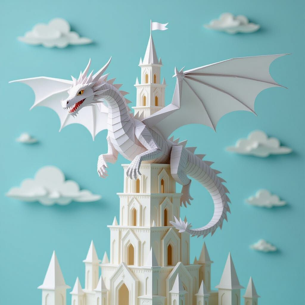 a dragon made entirely out of paper flying around a big and intricate paper tower