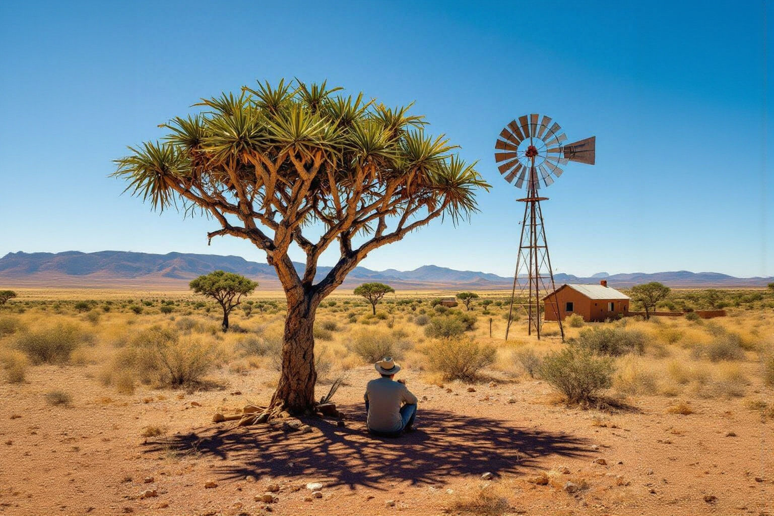 Karoo Landscape with Quiver Tree and Distant Windmill