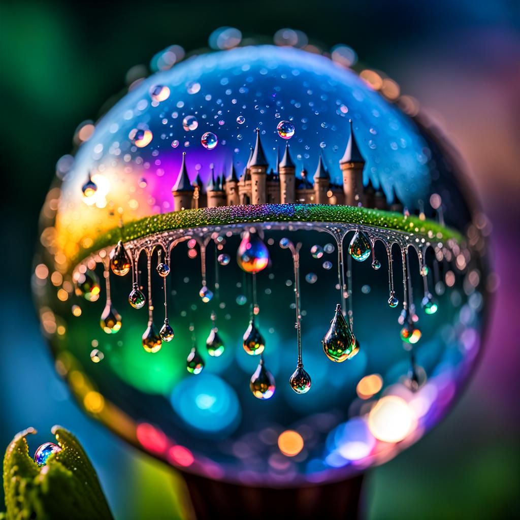 Magic City Reflected in Giant Dewdrop: Hyperrealistic Macro