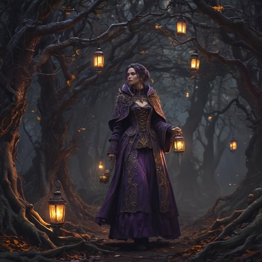 Woman Lights Forest Path: Dark Fantasy Art
