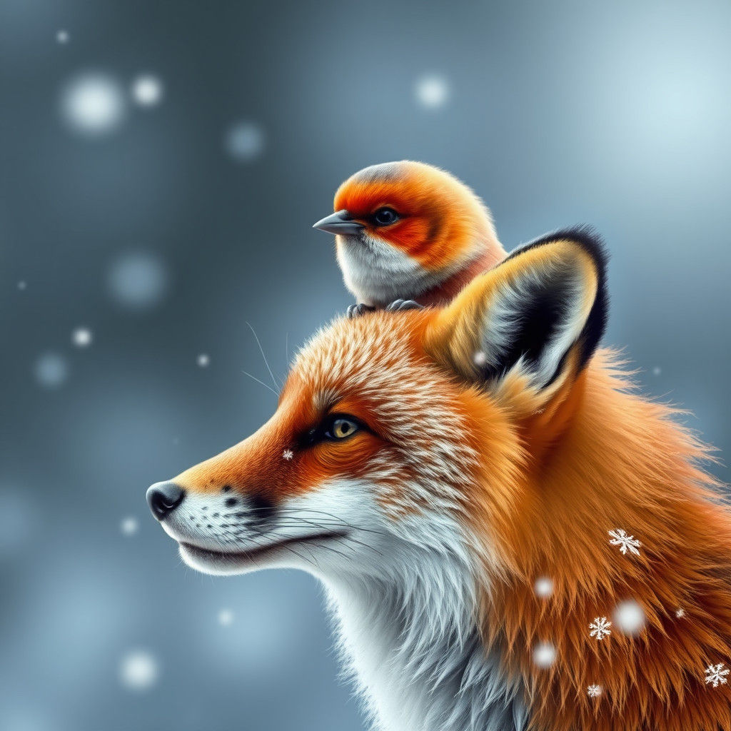 Finch and Fox Winter Perch: Hyper-Realistic Artwork