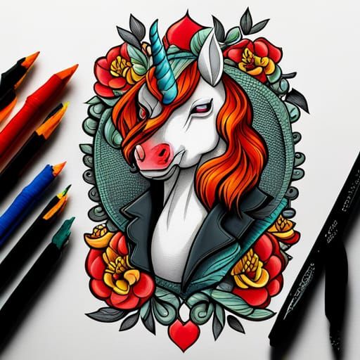 Unicorn with Gun Blackwork Tattoo Design