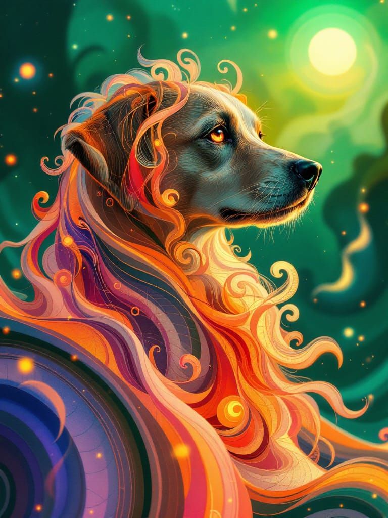 Golden Light Dog Bathed in Art Nouveau Radiance