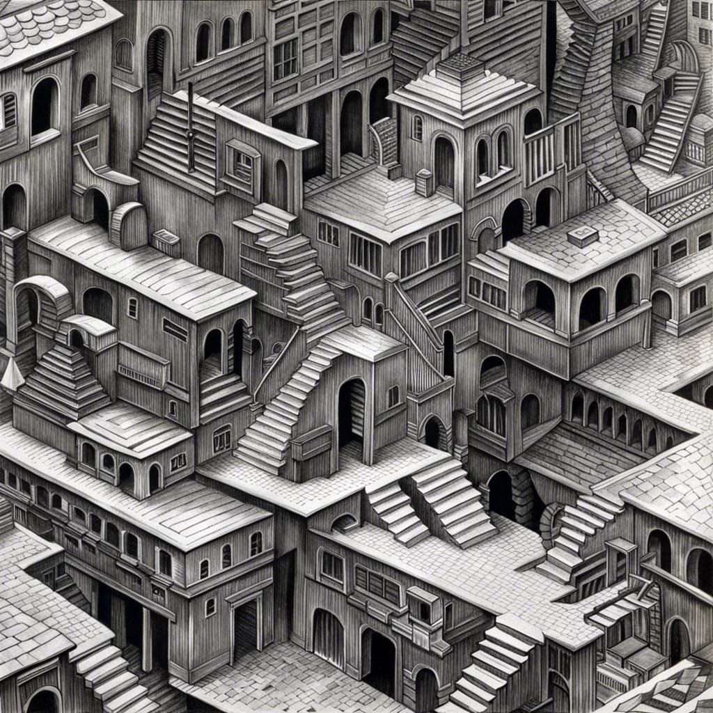A famous MC Escher optical illusion drawing.