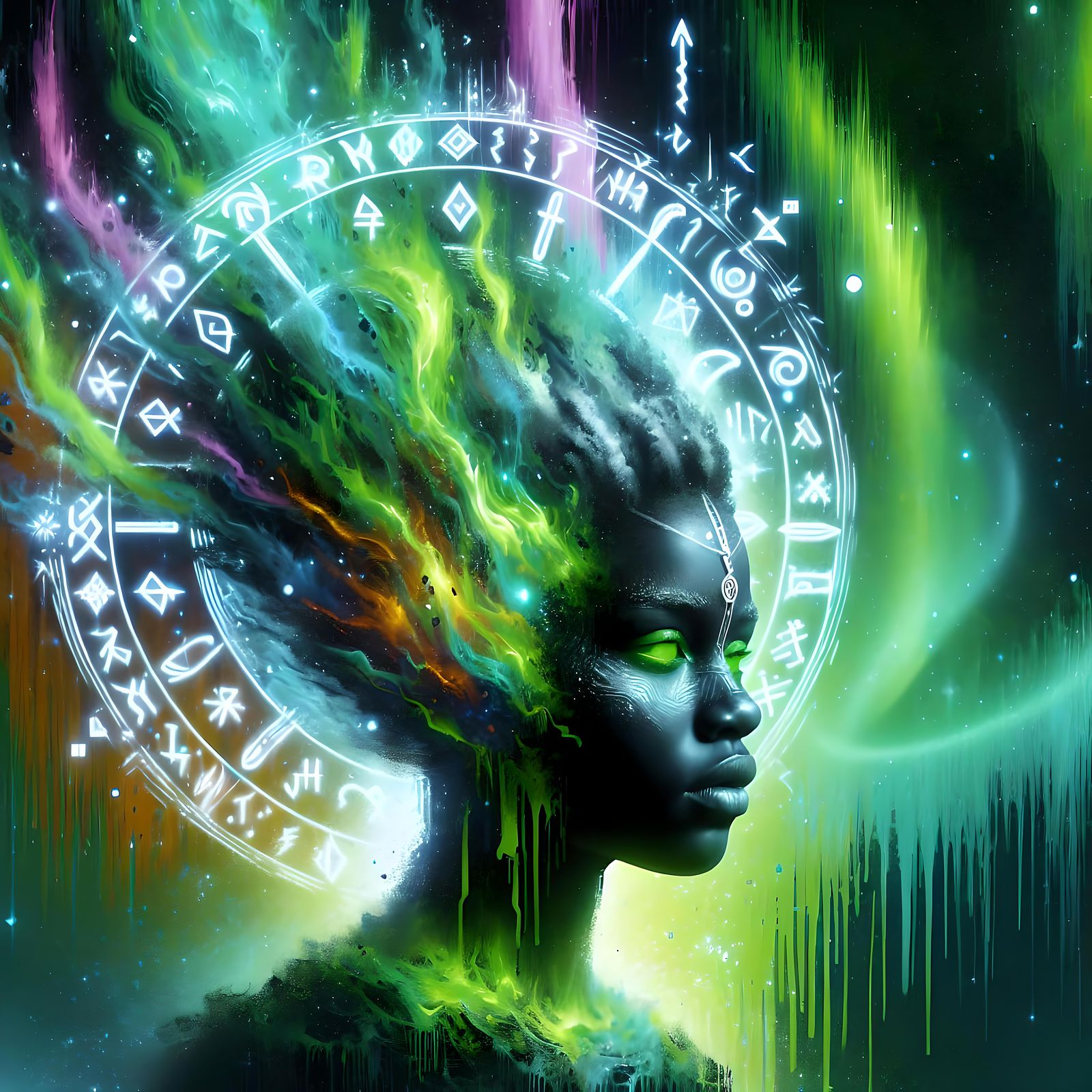 Powerful Woman Absorbing Cosmic Energy in Graffiti Art Style