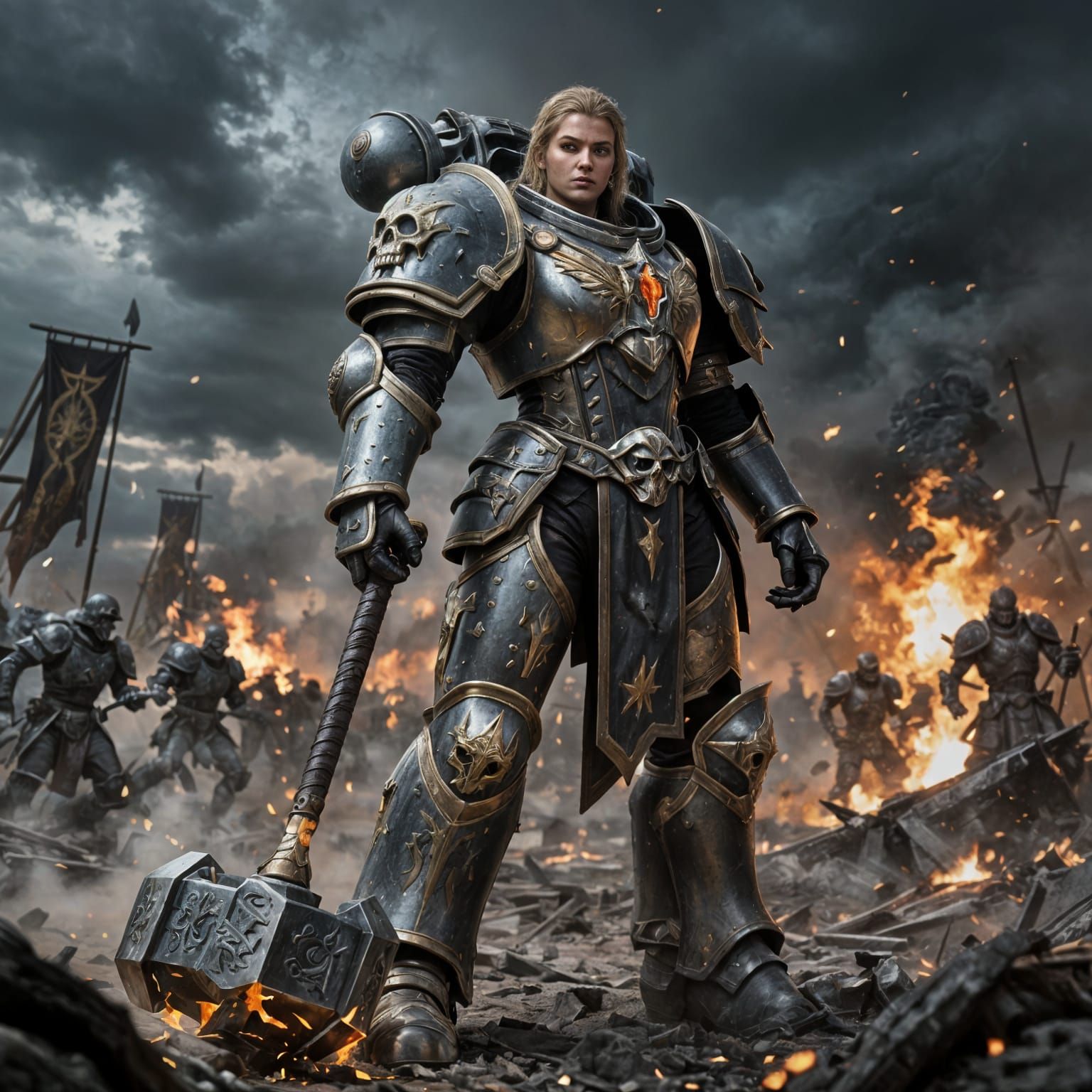 Warhammer Warrior in Gothic Armor on Battlefield