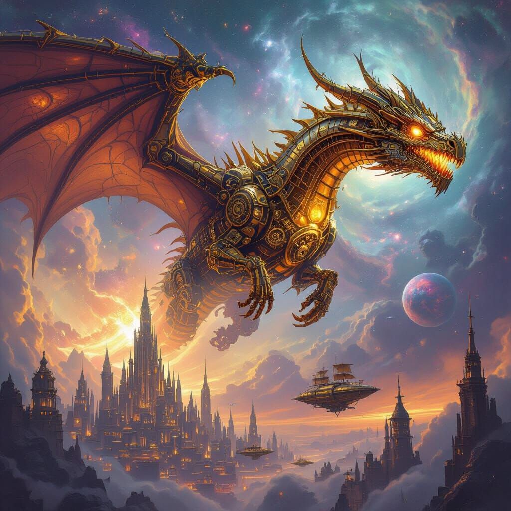 Clockwork Dragon Soars Over Steampunk City