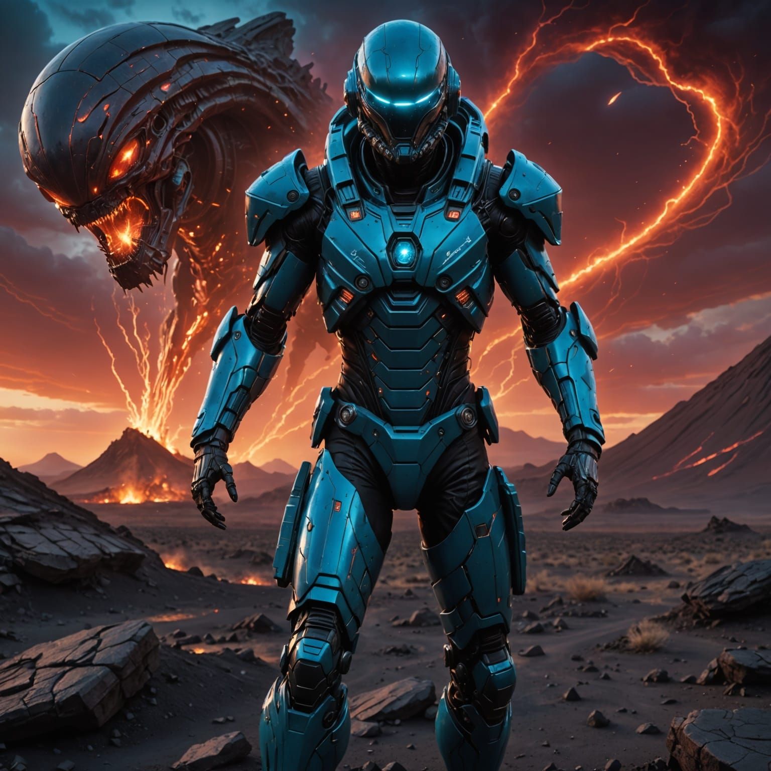 Alien Commander in Cerulean Bio-Metal Combat Suit Standing o...