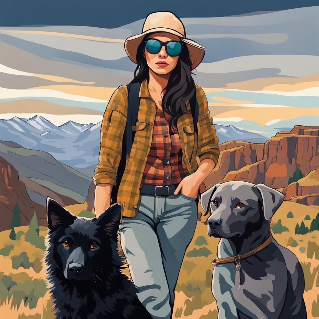 Woman Hikes with Pets, Abstract Art Style