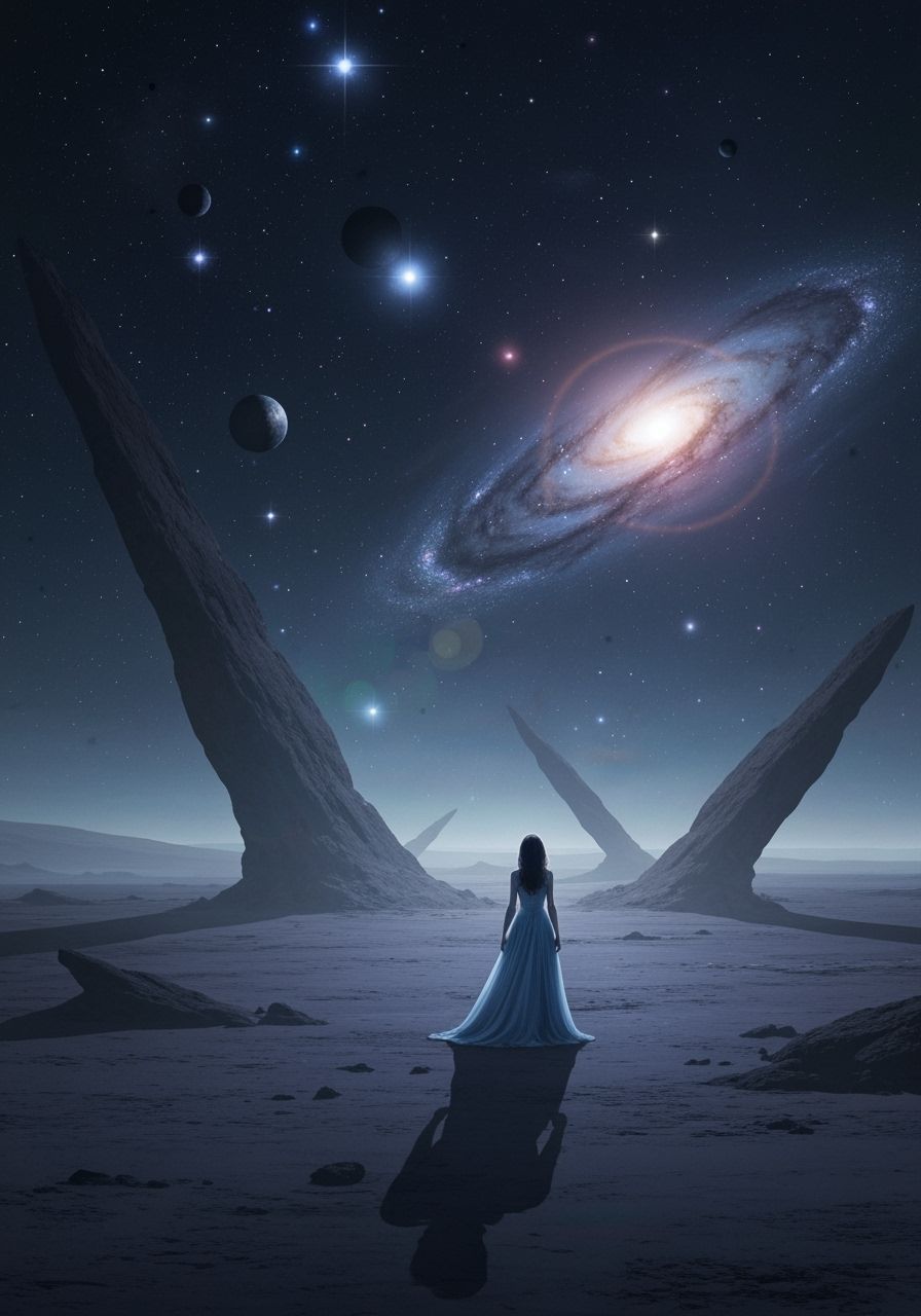 Woman Gazing at Alien Nebula Sky in Hyperrealistic Style
