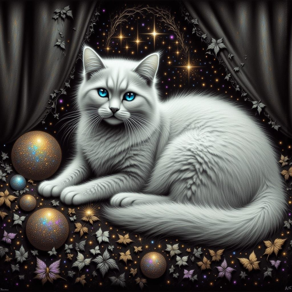 Regal White Cat in Whimsical Oil Painting