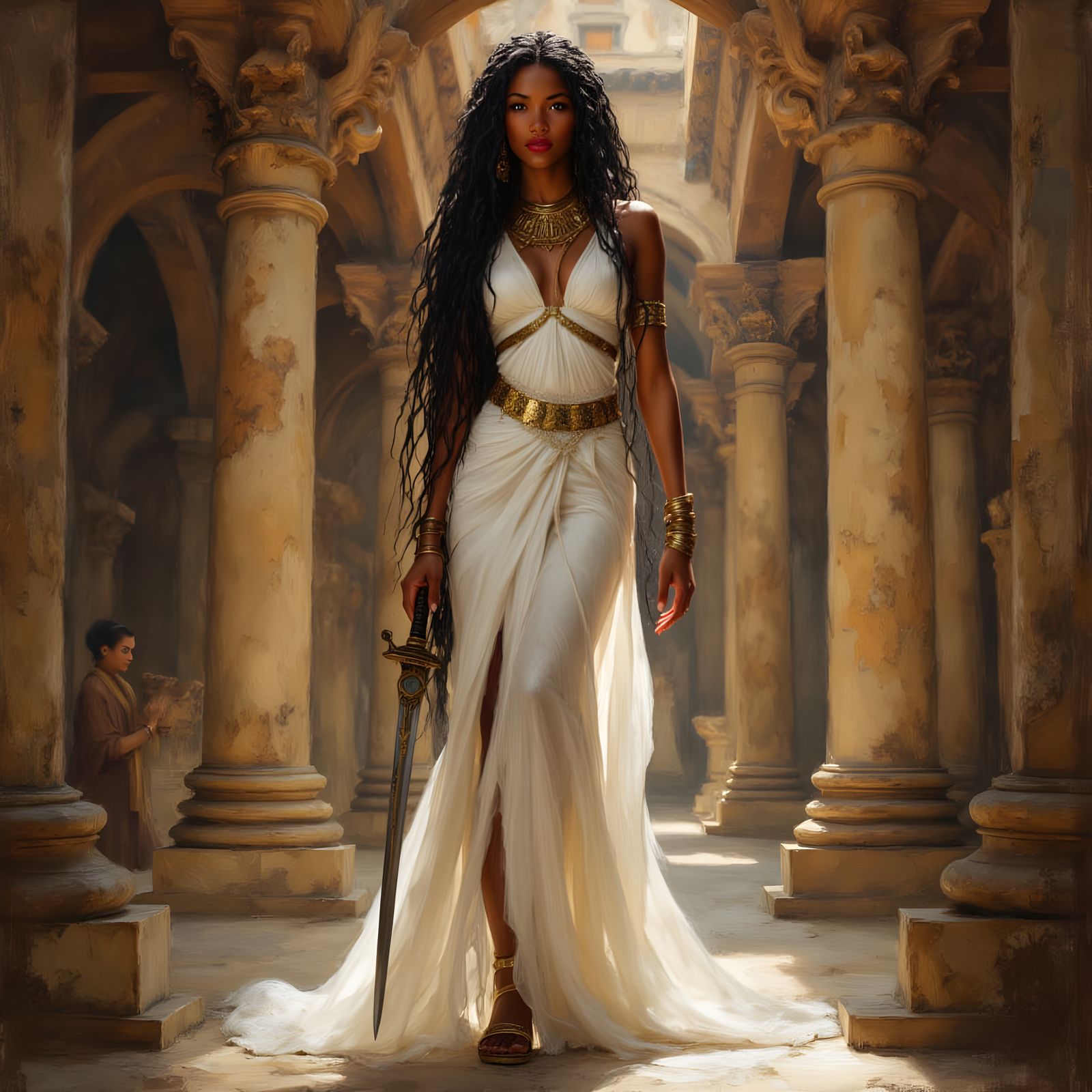 African Warrior Goddess in Palace, Realistic Painting