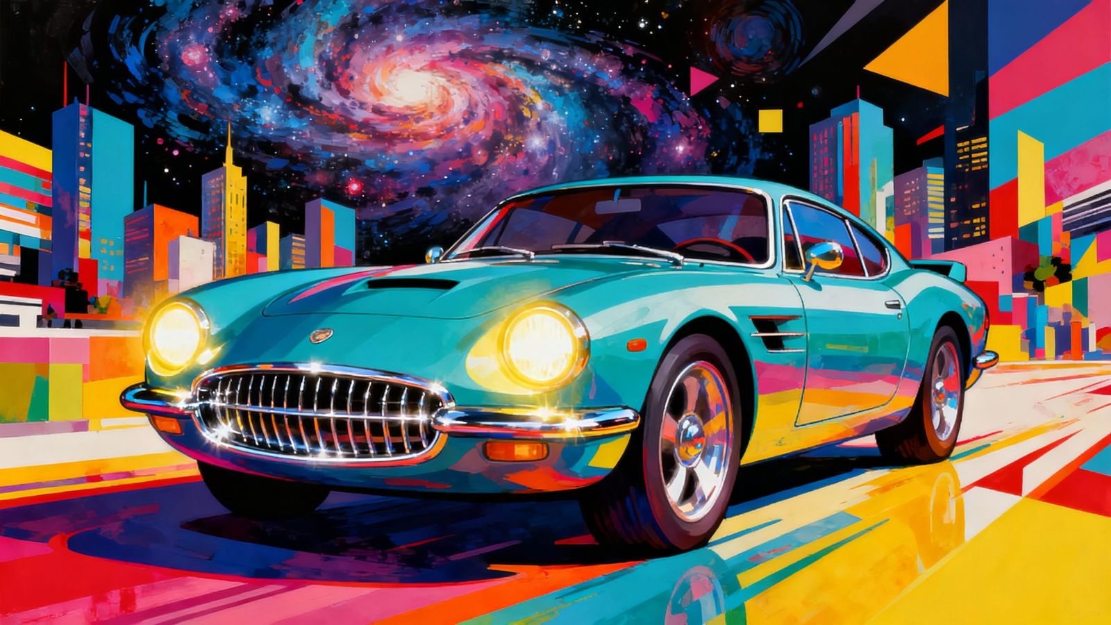 Futuristic Sports Car as Whimsical Character in Pop Art City...