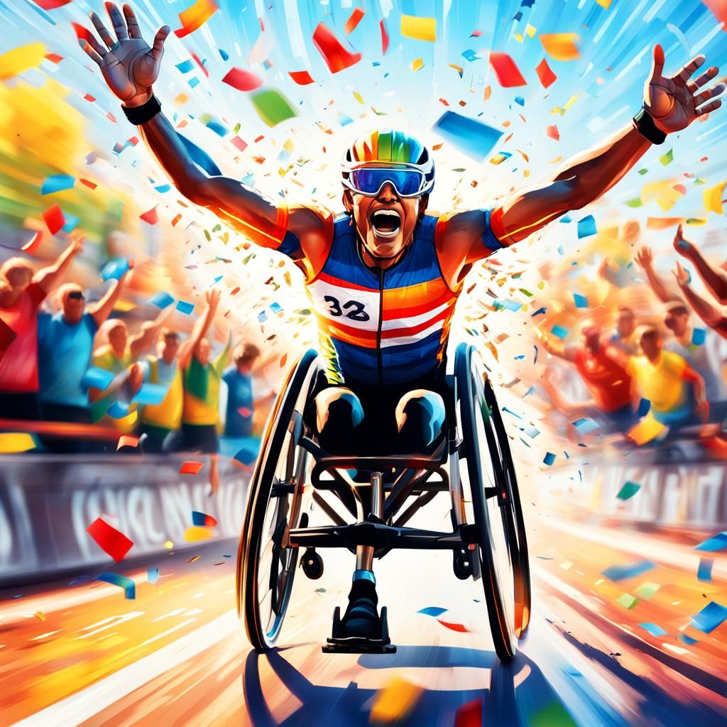 Paralympic Racer Crossing Finish Line in Comic Book Style