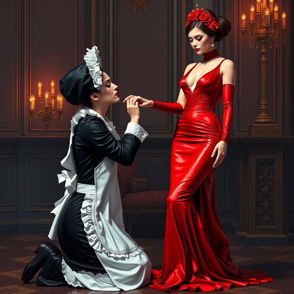 French Maid and Head Mistress in Art Nouveau Cyberpunk Style