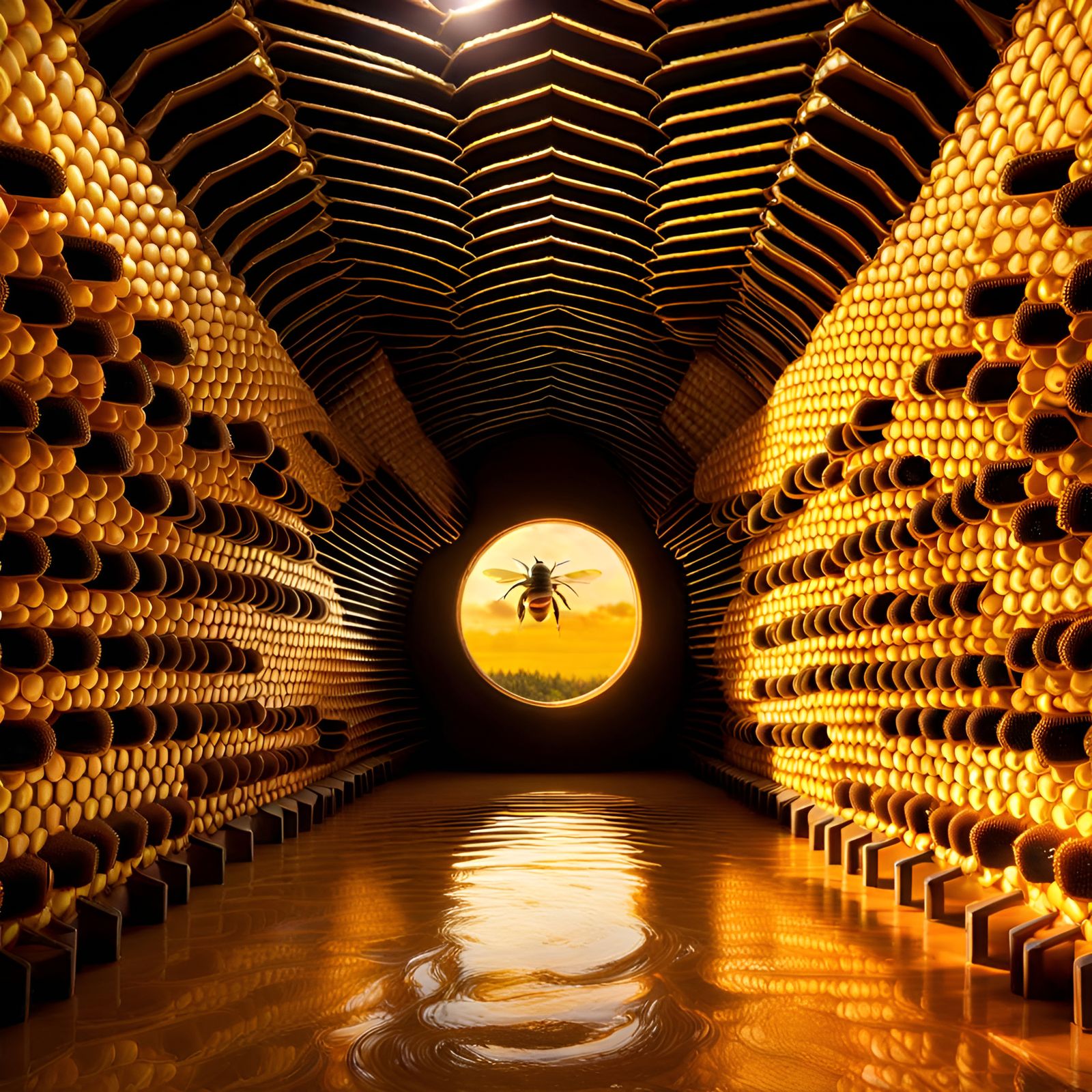 Bee's View Inside Honeycomb Tunnel