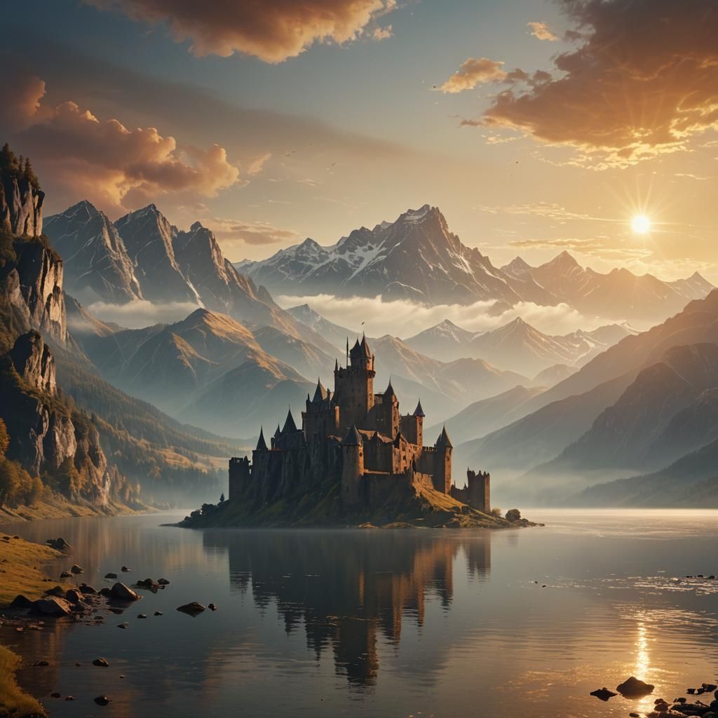 Majestic Ruined Castle on Lake at Sunset