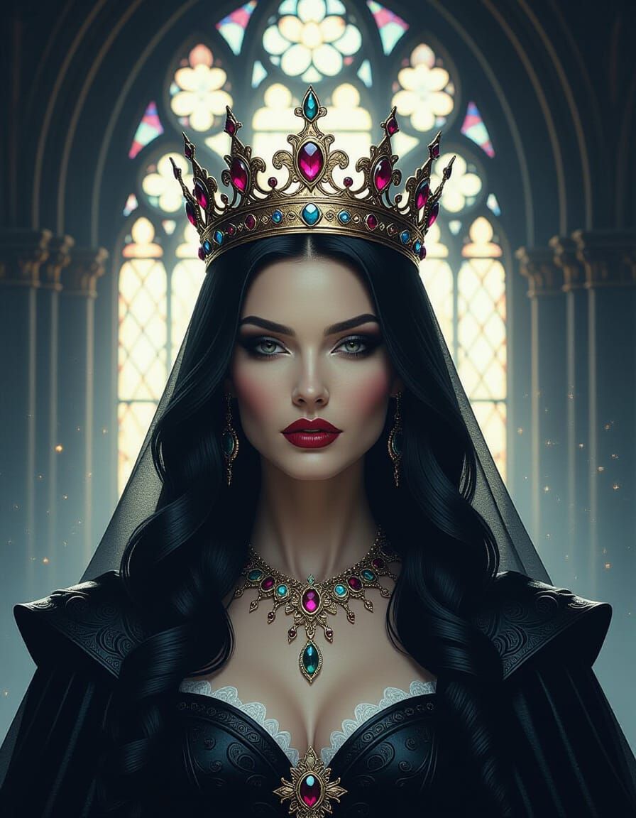 Mysterious Queen with Glowing Crown in Gothic Cathedral