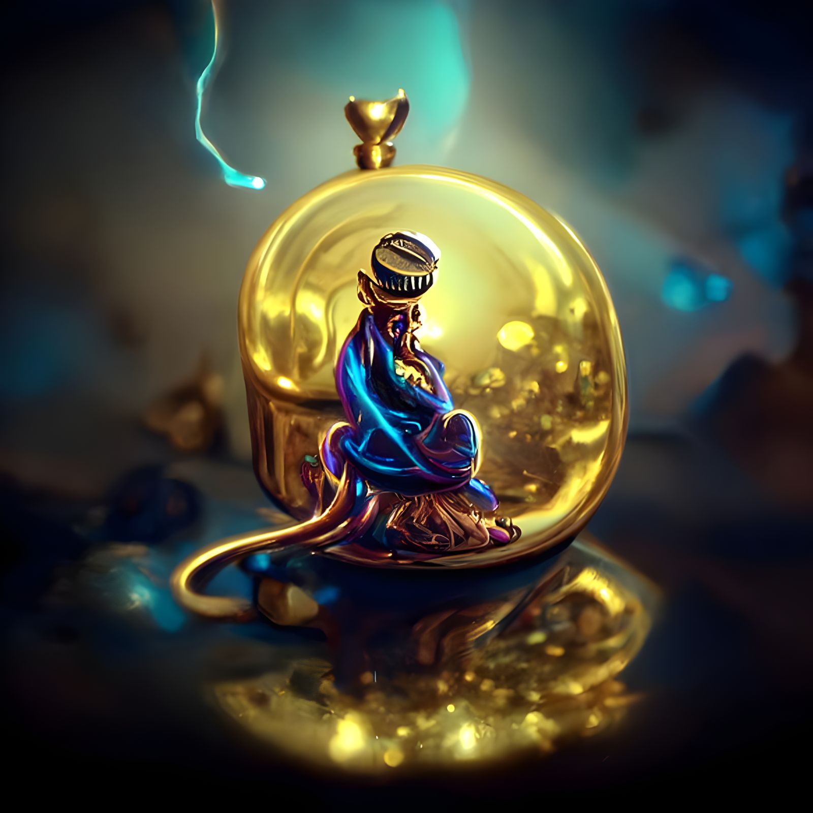 Mystical Genie in Golden Locket: Digital Art