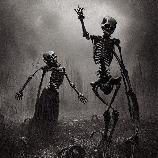 Skeletons Dancing in Cemetery, Horror Engraving Style