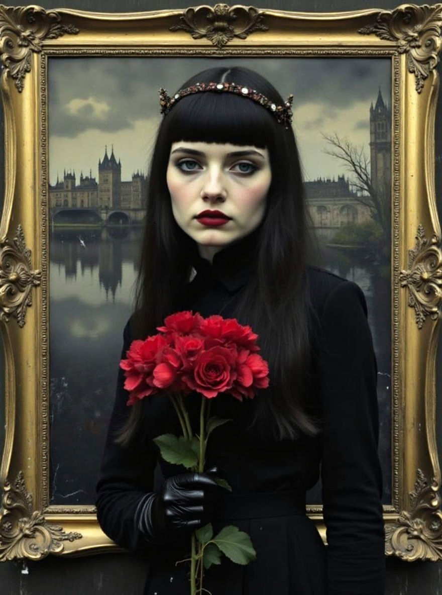 Gothic Girl in Gilded Frame with Atmospheric Collage