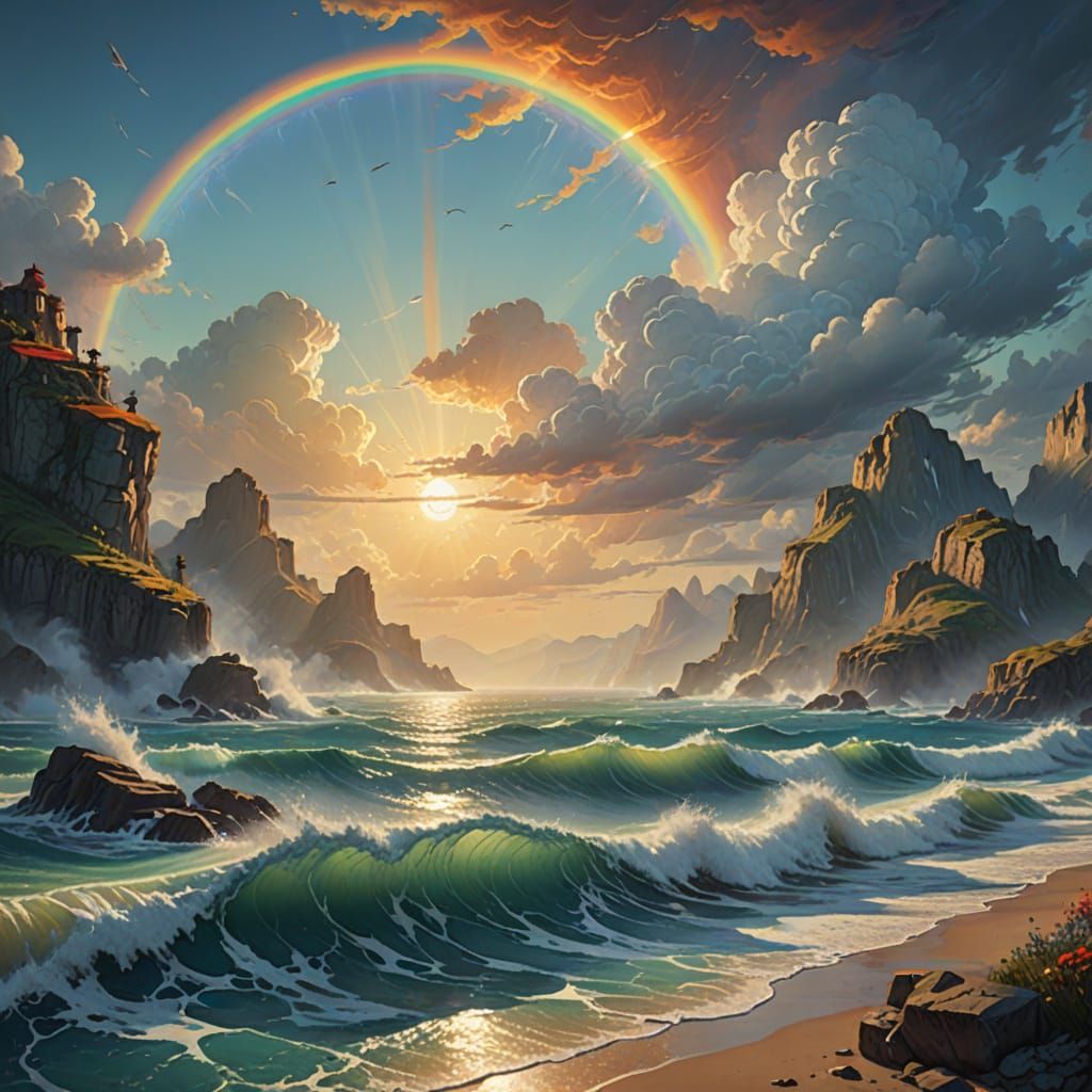 Vibrant Rainbow Arcs Over Turbulent Ocean in Oil Painting St...