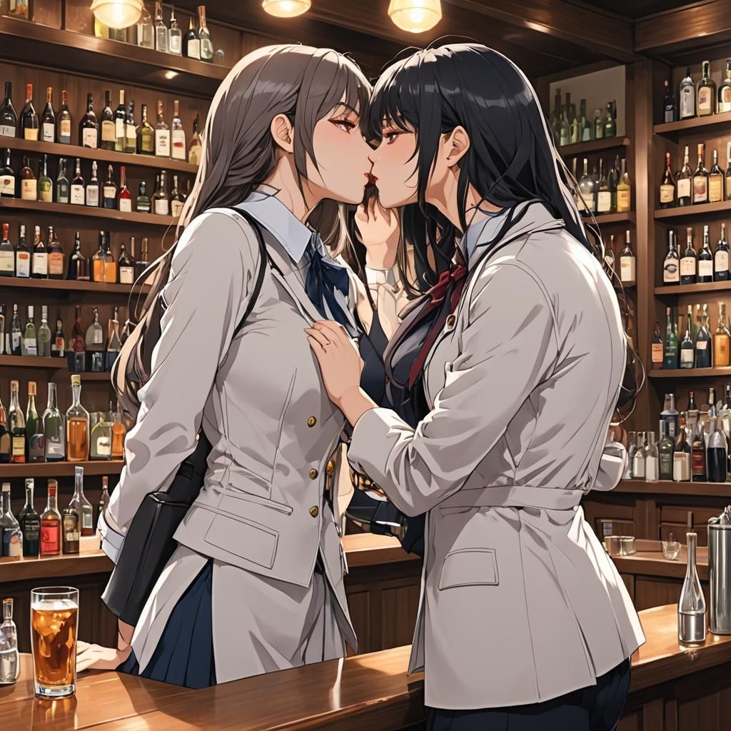 Anime Style: Girls Kissing at a Bar