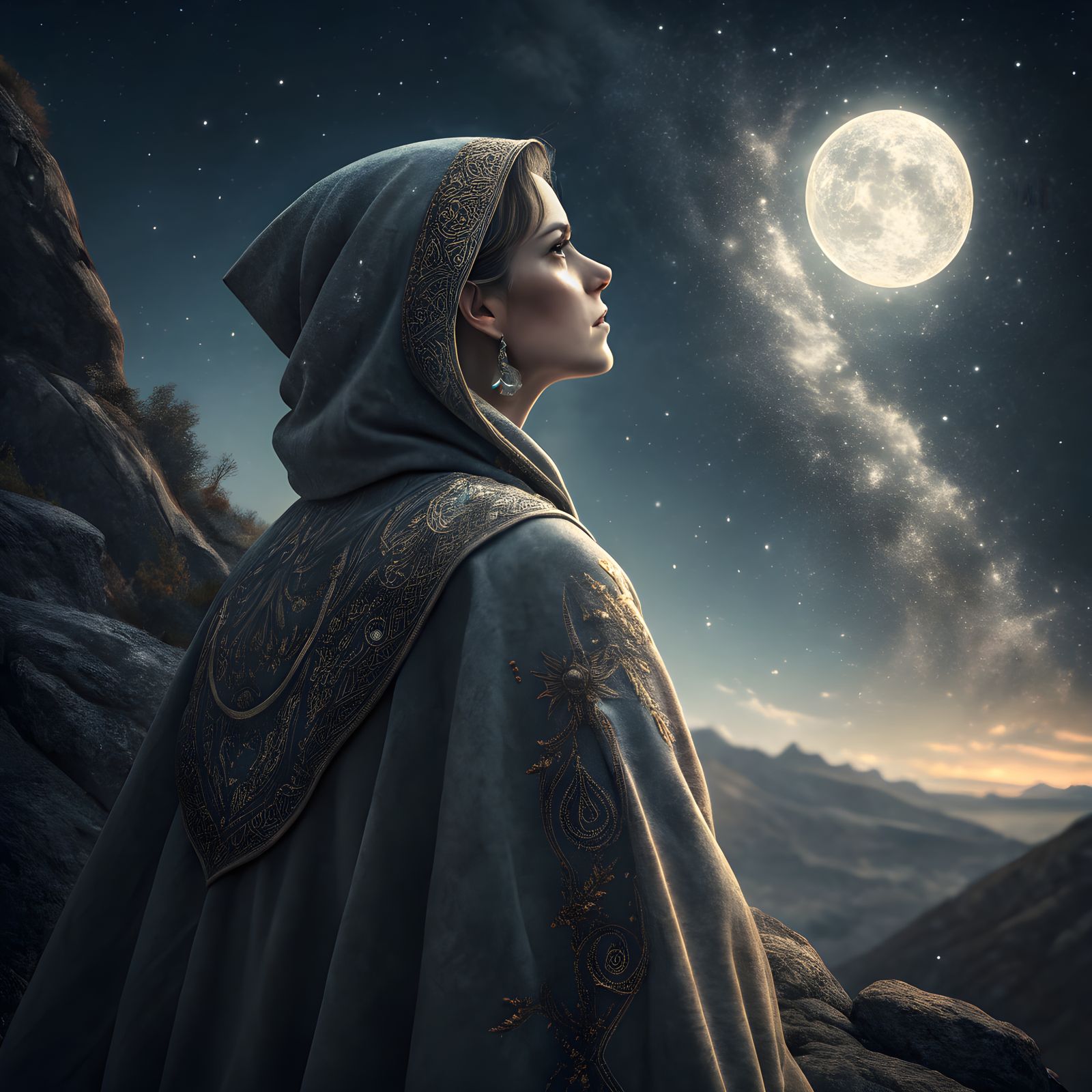 Woman on Cliff Gazing at Starry Night