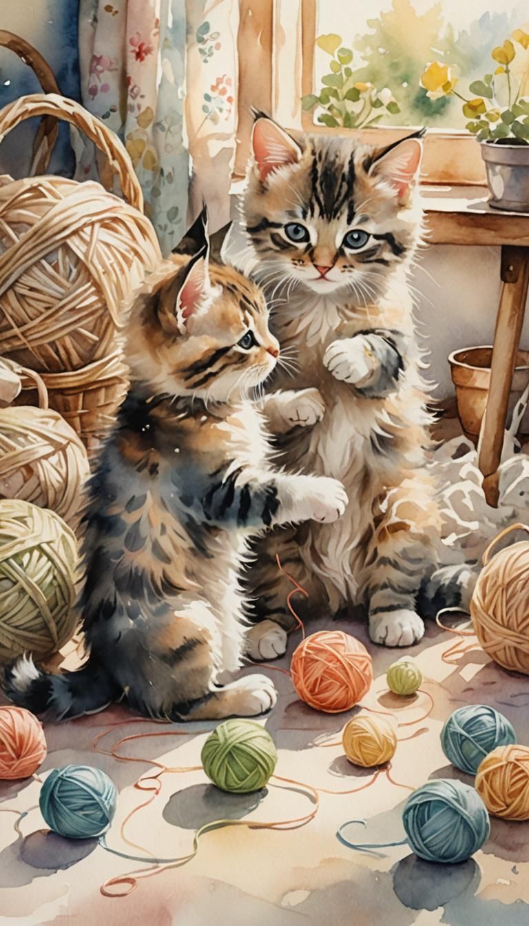 Kittens Play: A Whimsical Watercolor Painting