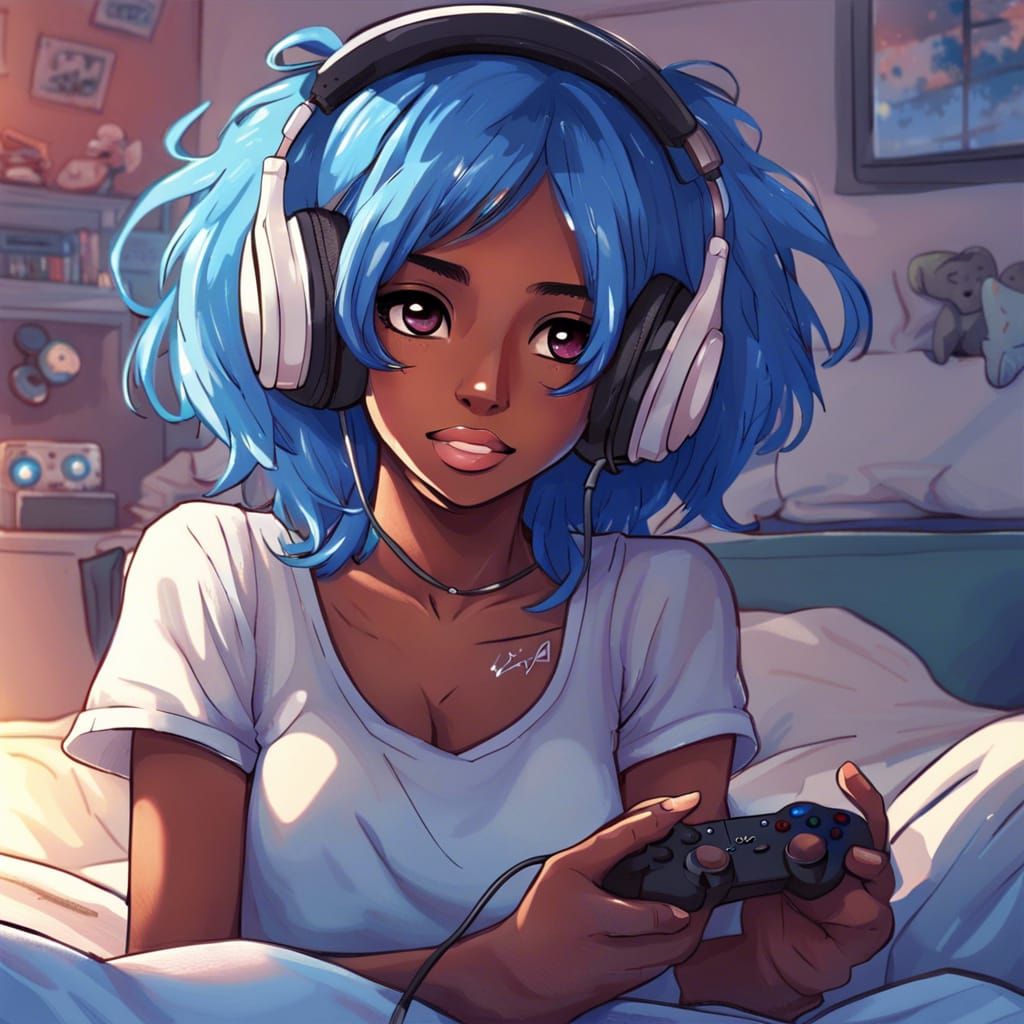 Anime Style: Black Girl Gamer Fairy in Bedroom