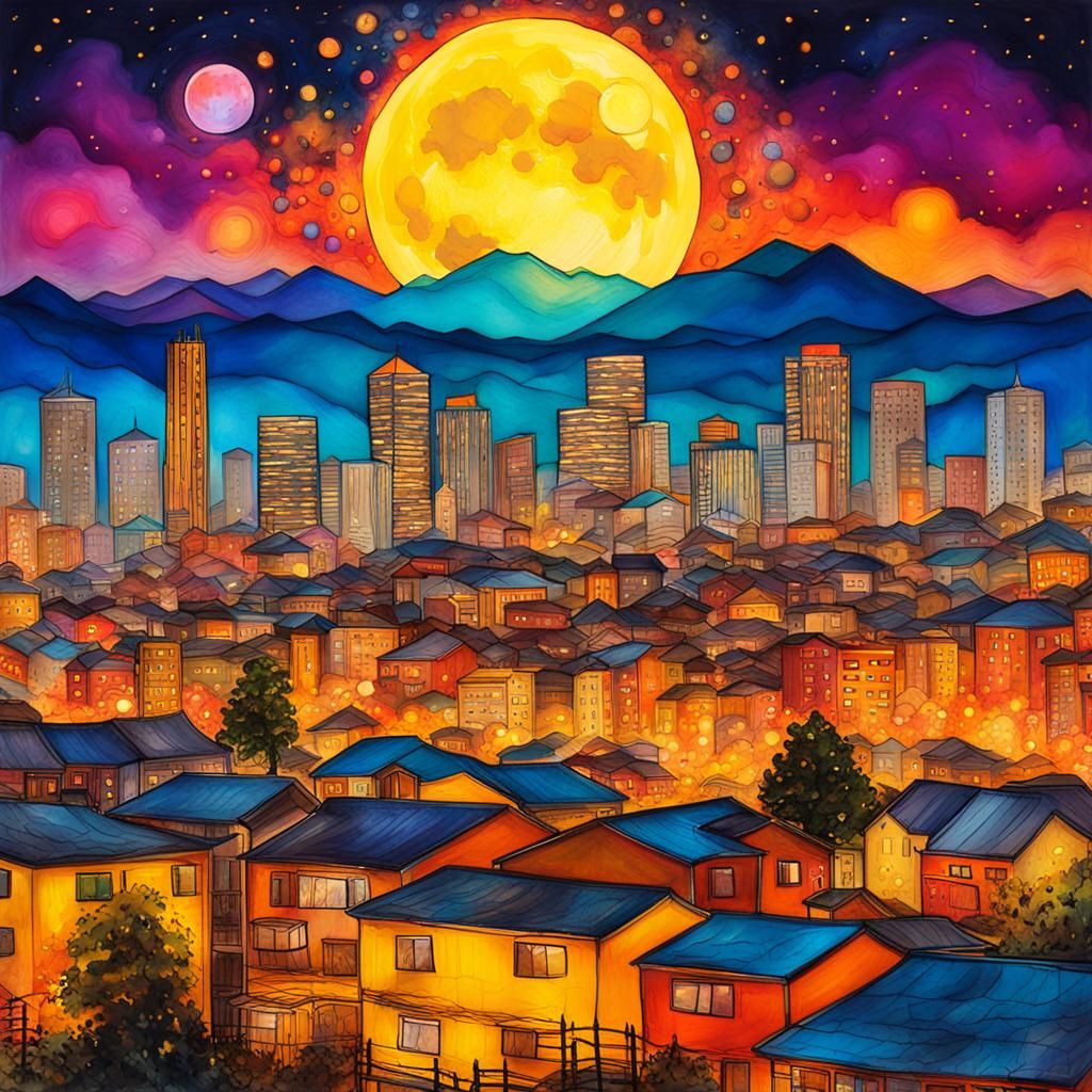 Giant Super Moon Cityscape in Alcohol Ink Style