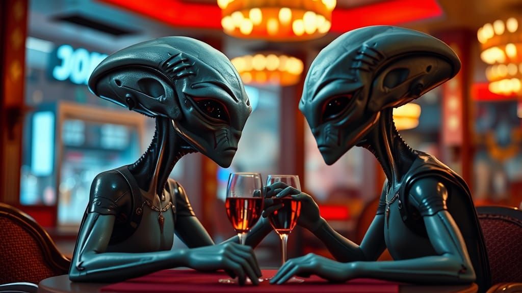 Aliens on a Date: Hyperrealistic Restaurant Scene
