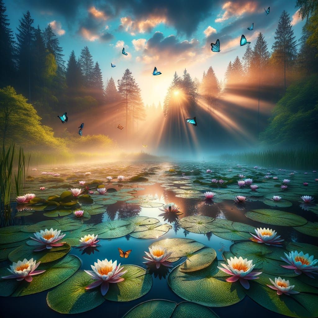 Forest Lake at Dawn with Water Lilies