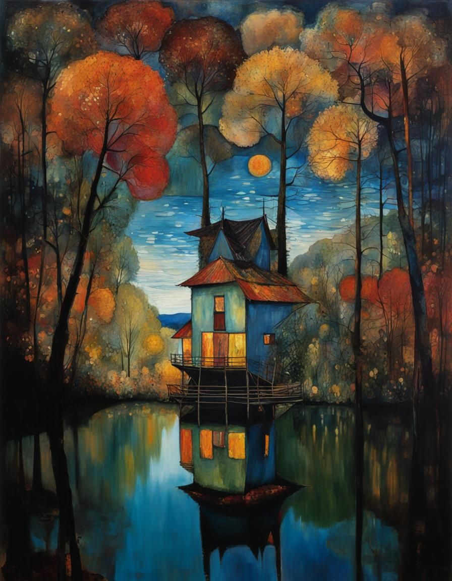 Autumn Lake Scene in Art Brut Style