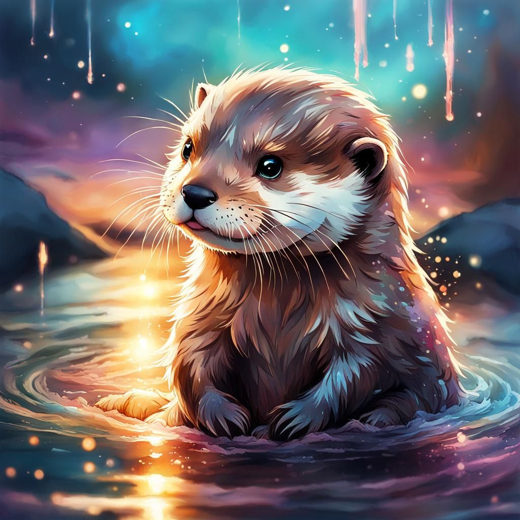 Watercolor Chibi Otter in Fantasy Sunset