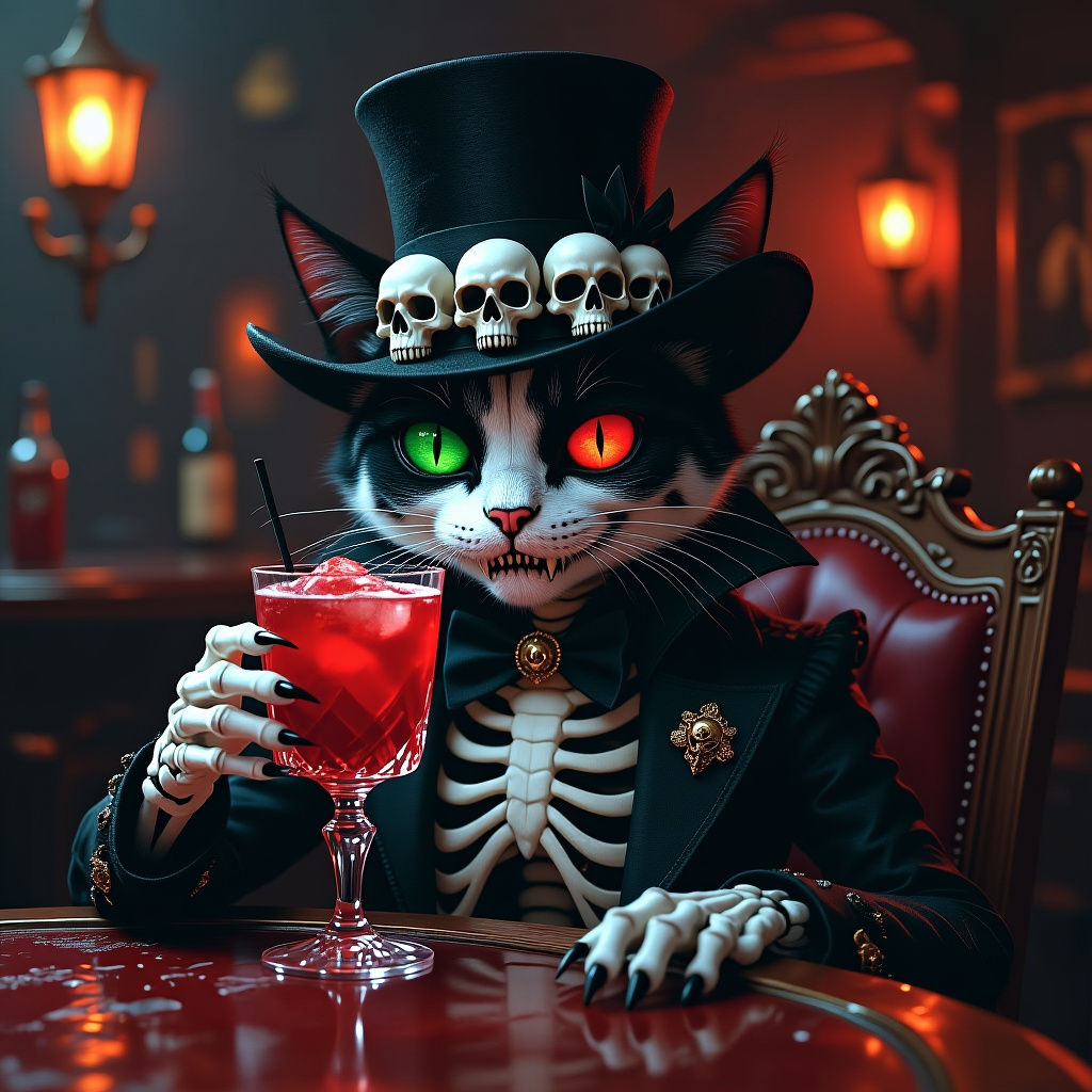 Vampire Cat Sipping Cocktail in Gothic Bar, Dark Fantasy Art